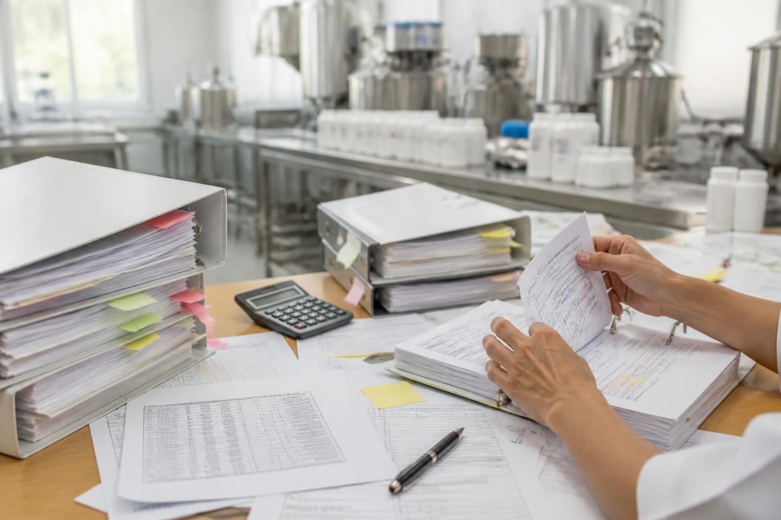 Escritorio de un laboratorio cosmético lleno de carpetas de batch record en papel y hojas de Excel impresas